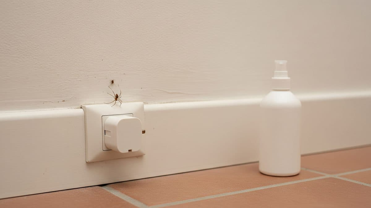 Una araña sobre el rodapié de una pared clara, justo encima de un aparato de ultrasonidos enchufado, con un pulverizador blanco en el suelo al lado