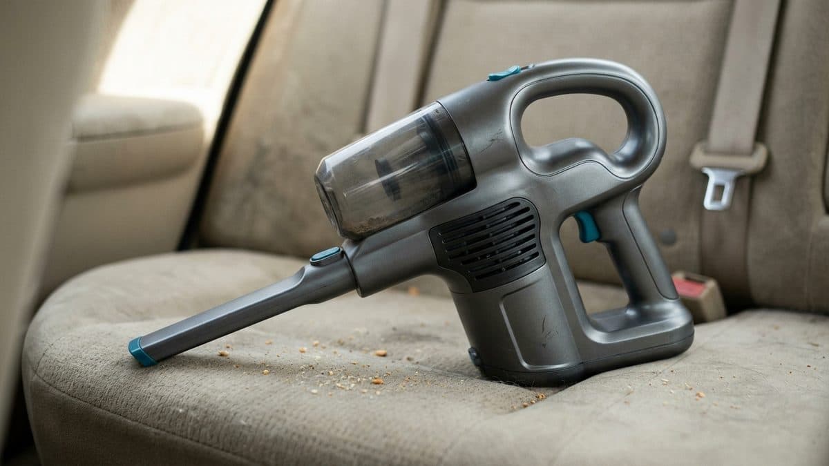 Aspirador de mano sin cable gris con depósito transparente y boquilla larga, apoyado sobre el asiento trasero de un coche con migas