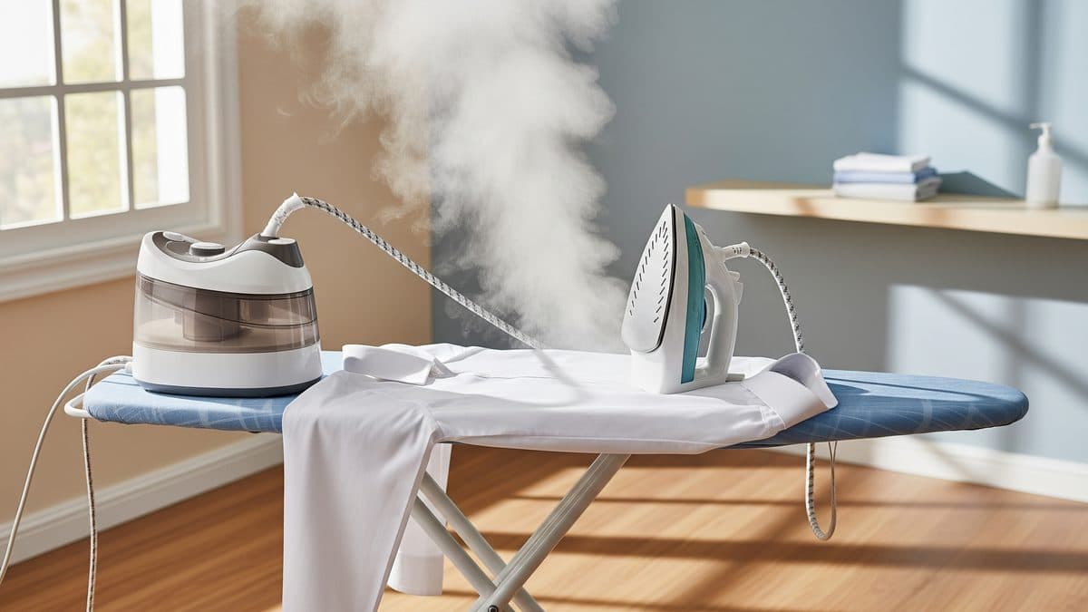 Centro de planchado con caldera soltando vapor sobre una camisa blanca en una tabla de planchar