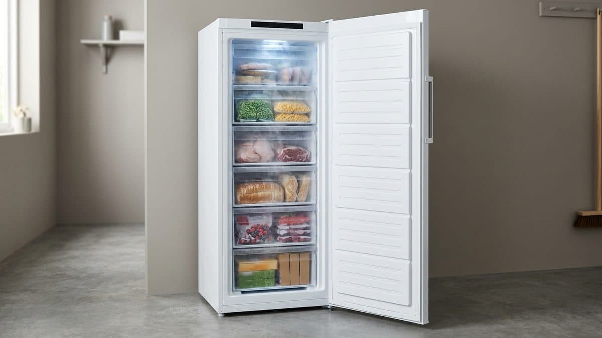 Congelador vertical blanco con la puerta abierta hacia la derecha, seis cajones transparentes llenos de carne, guisantes, maíz, pan y frutos rojos congelados, con vaho frío saliendo del interior iluminado, sobre un suelo de hormigón gris