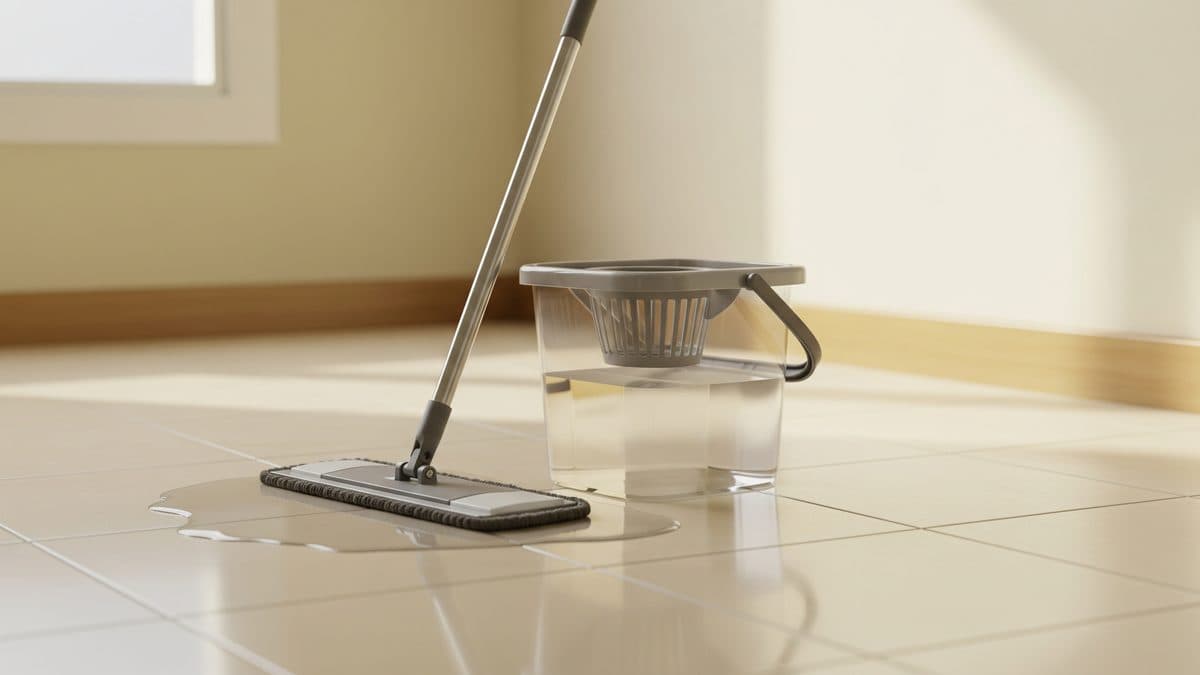Fregona plana de microfibra apoyada en un cubo escurridor sobre un suelo de baldosa claro