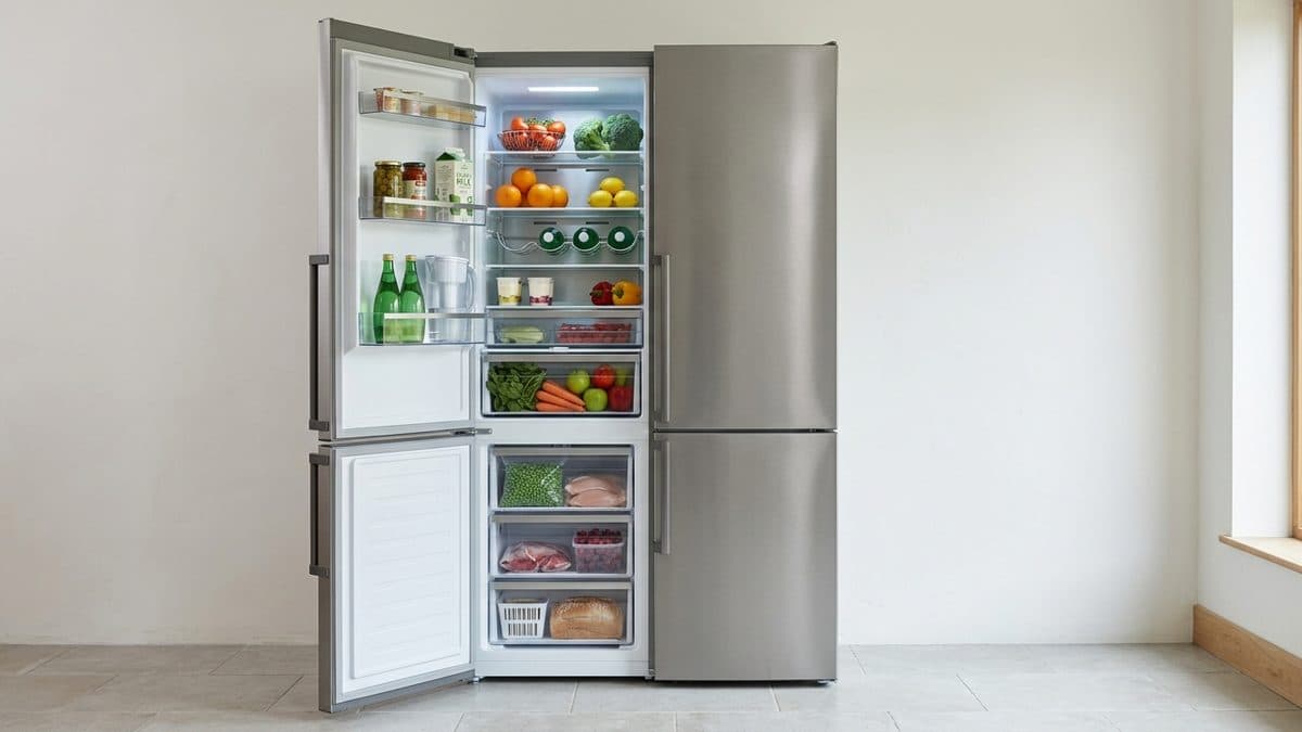 Dos frigoríficos combi de acero inoxidable contra una pared blanca: el de la izquierda con las dos puertas abiertas, las baldas de cristal llenas de fruta, verdura, botellas y tarros, y los tres cajones del congelador a la vista abajo; el de la derecha, cerrado