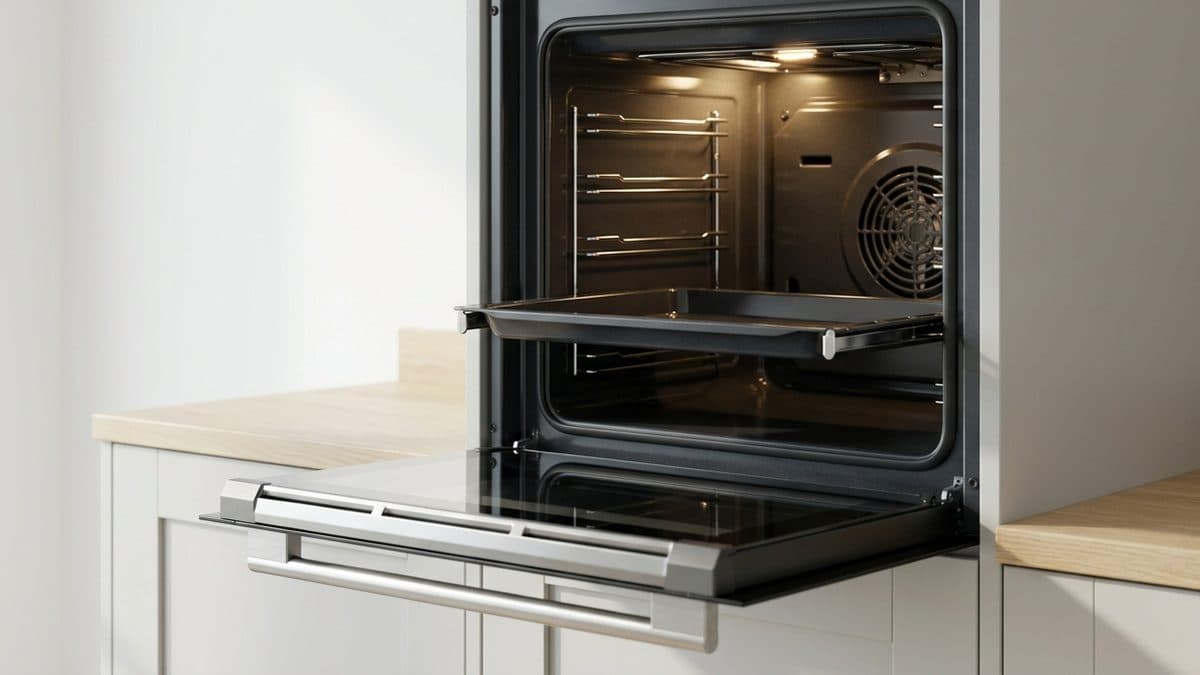 Horno encastrable bajo encimera con la puerta de cristal negro abatida en horizontal y el tirador de acero inoxidable en primer plano, una bandeja esmaltada sacada a media altura y las guías cromadas laterales y el ventilador redondo del fondo iluminados por la luz interior, en una cocina blanca con encimera de madera clara