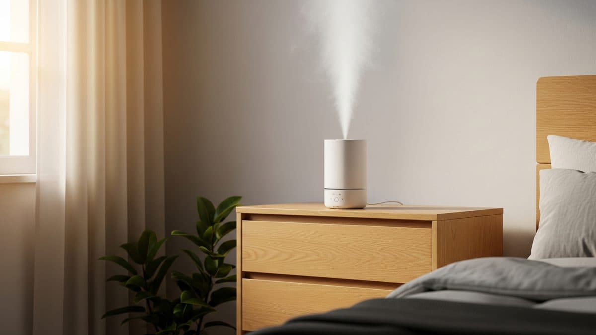 Humidificador blanco soltando niebla fría sobre una cómoda de madera, en un dormitorio con luz de tarde