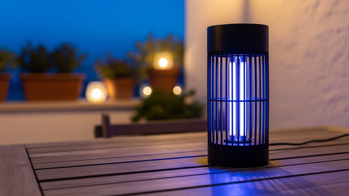 Lámpara antimosquitos cilíndrica encendida sobre una mesa de terraza al anochecer