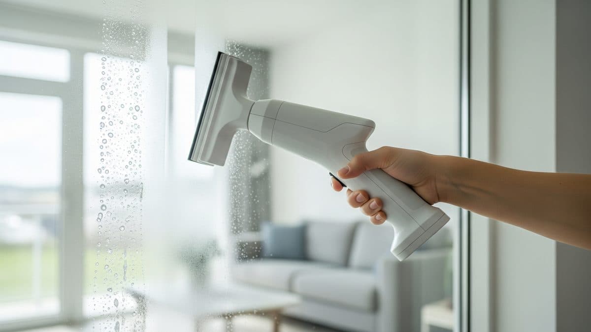 Aspirador limpiacristales eléctrico de mano recogiendo el agua de una ventana