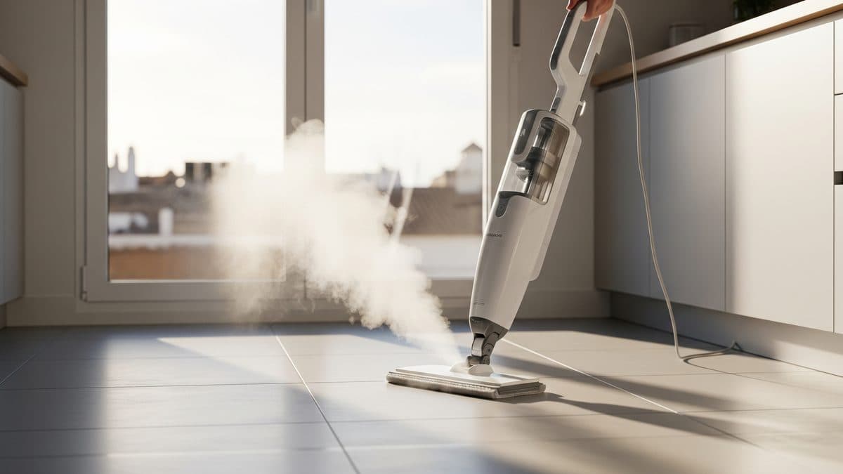 Mopa de vapor vertical soltando vapor sobre un suelo de gres claro en una cocina luminosa