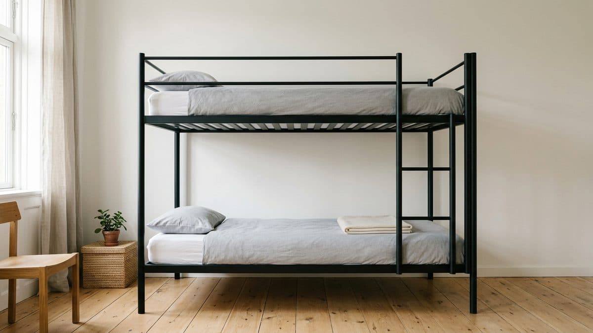 Litera metálica negra de dos camas en un dormitorio con suelo de madera: barandilla horizontal en la cama de arriba, escalera integrada en el lateral derecho, láminas metálicas bajo los colchones y ropa de cama gris
