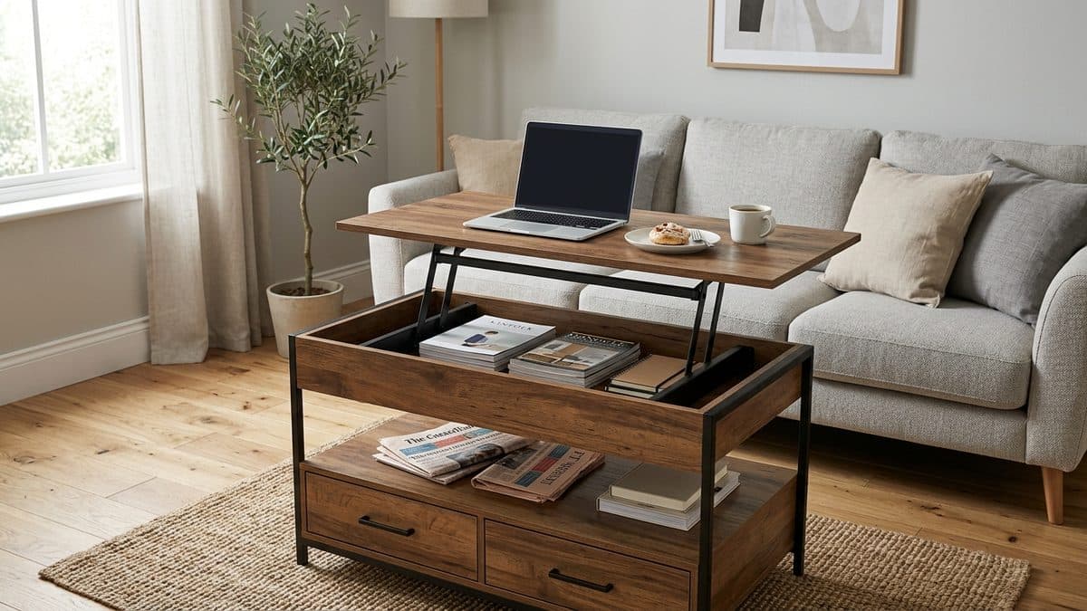 Mesa de centro elevable de tablero de madera marrón rústica y estructura de acero negro, con el tablero levantado sobre brazos metálicos y un portátil, un plato y una taza encima, el hueco de almacenaje con revistas a la vista y dos cajones abajo, delante de un sofá gris