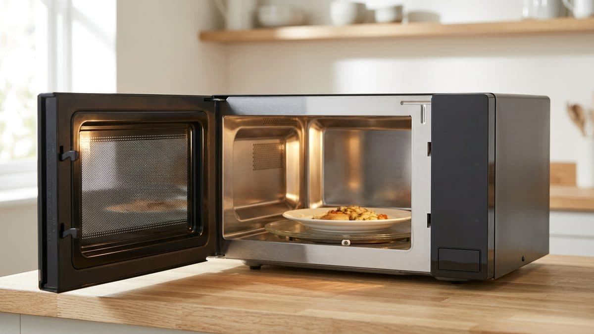 Microondas de encimera de acero inoxidable con la puerta abierta hacia la izquierda, la cavidad iluminada y un plato blanco de comida sobre el plato giratorio de cristal, en una encimera de madera