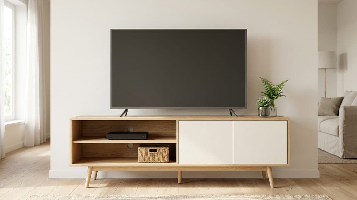 Mueble de TV bajo de roble claro sobre patas inclinadas, con la mitad izquierda abierta en dos baldas y la derecha cerrada por dos puertas blancas sin tiradores, y un televisor plano apagado encima, en un salón con suelo de madera