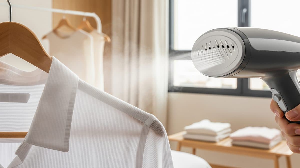 Plancha vertical de vapor sobre una camisa blanca colgada de una percha