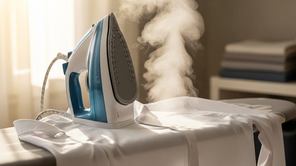 Plancha de vapor sobre una tabla de planchar con una camisa blanca de algodón