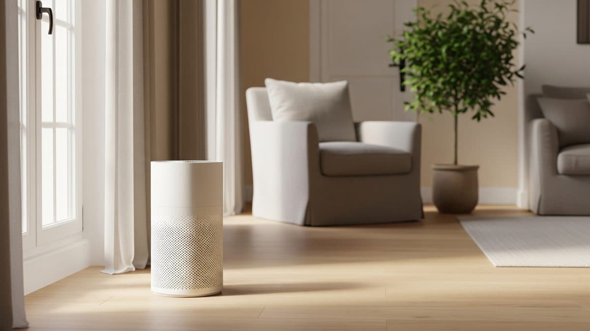 Purificador de aire blanco junto a un sillón de lino en un salón luminoso con suelo de roble
