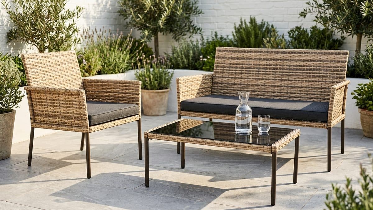 Conjunto de jardín de poliratán natural en una terraza de baldosa clara: banco de dos plazas y sillón con cojines de asiento gris antracita, sin cojines de respaldo, y mesa baja de patas metálicas con tablero de cristal negro, entre macetas de olivo y lavanda