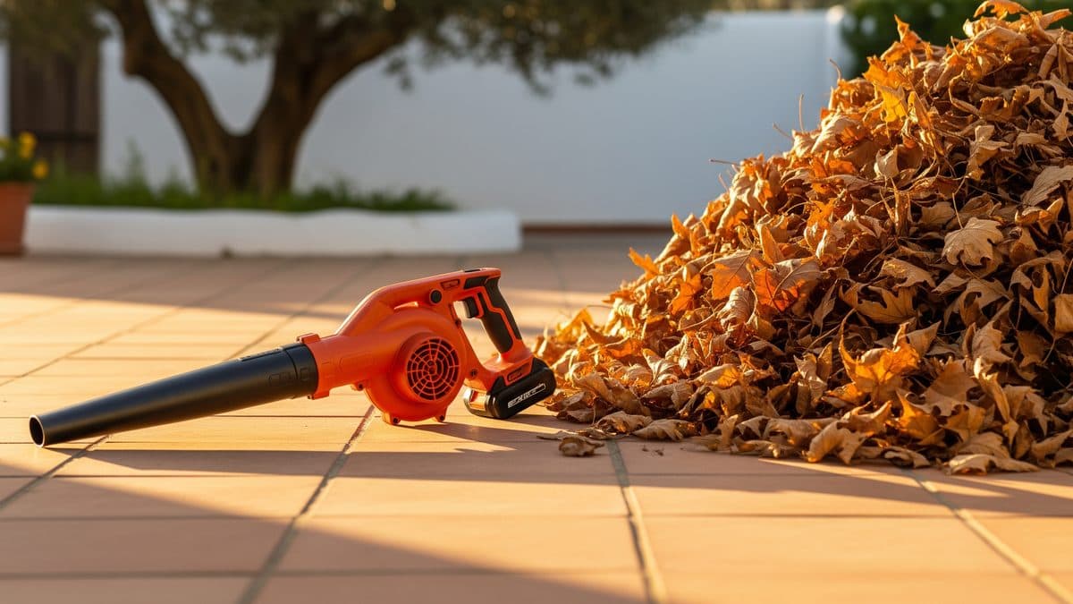 Soplador de hojas apilando hojarasca seca en el suelo de un jardín mediterráneo en otoño