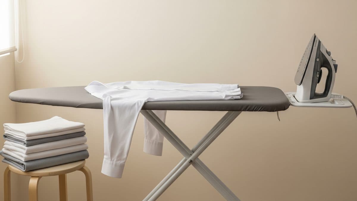 Tabla de planchar abierta con una camisa blanca extendida y la plancha en su reposaplanchas