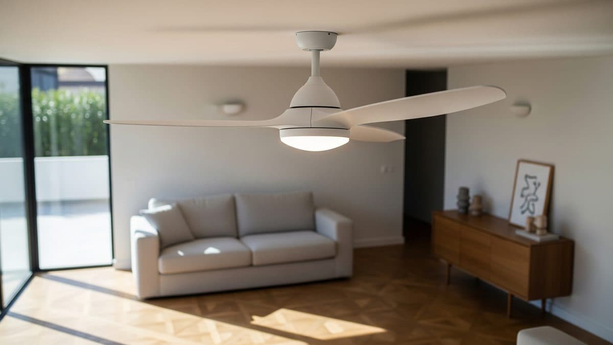 Ventilador de techo blanco de tres aspas encendido sobre un salón luminoso con sofá de lino y suelo de roble